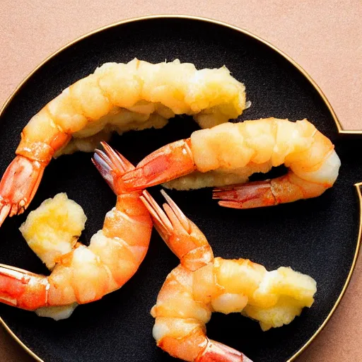 Prompt: shrimp tempura set coated entirely in gold, 100mm food photography