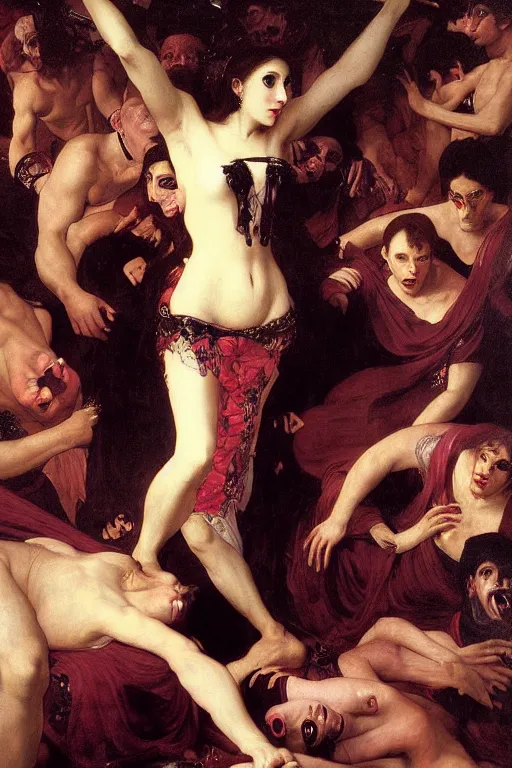Prompt: a renaissance oil painting by alma tadema of demonic beautiful vampire woman mistress of death mourning widow running in fear from a group of muscular gigachad men, faint smile dark lipstick, dark lit candles, colourful pastel trending artstation, detailed portrait academic bouguereau caravaggio high shadow contrast medium shot