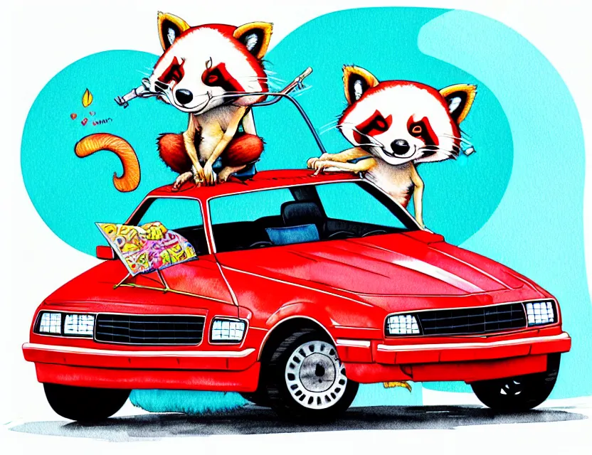 Image similar to cute and funny, redpanda riding in a tiny 1 9 8 7 chevy camaro, ratfink style by ed roth, centered award winning watercolor pen illustration, isometric illustration by chihiro iwasaki, edited by range murata, tiny details by artgerm and watercolor girl, symmetrically isometrically centered