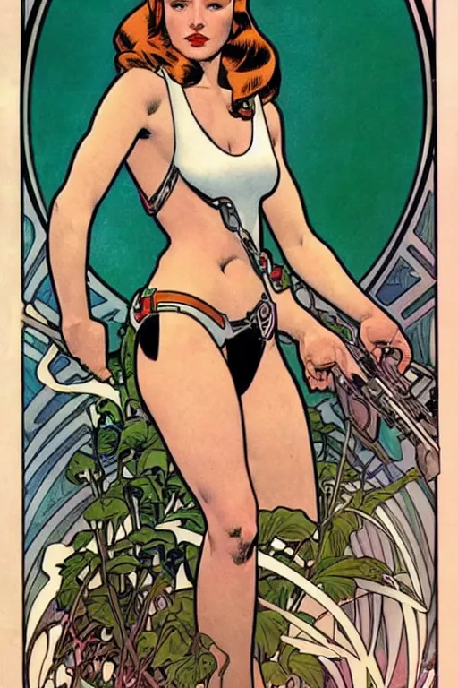 Image similar to female in white bikini with tattoos and stormtrooper helmet, well composed, clean elegant painting, beautiful detailed face. comic book art by steve ditko and jack kirby and ( alphonse mucha )