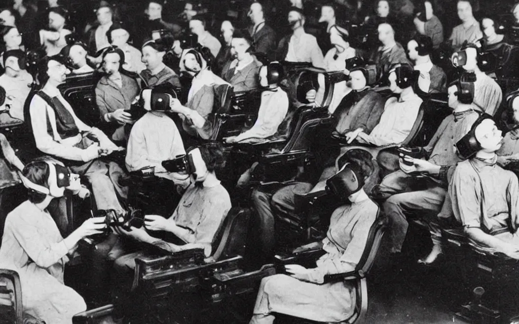 Image similar to 1 9 0 0 s photo of people using iphones ipods virtual reality headsets vr watching hd tv in a movie theater