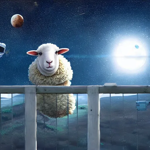 Prompt: A sheep wearing an astronaut suit jumping over a floating wooden fence in space, earth and stars in the background, blue light, extra detailed, digital illustration, by Makoto Shinkai and thomas kinkade, digital painting, Matte painting, trending on artstation and unreal engine