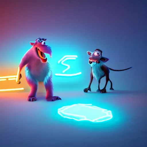 Prompt: a high resolution render symetric of ice age trailer scene sid, octane render blender 8 k isometric dof neon colours