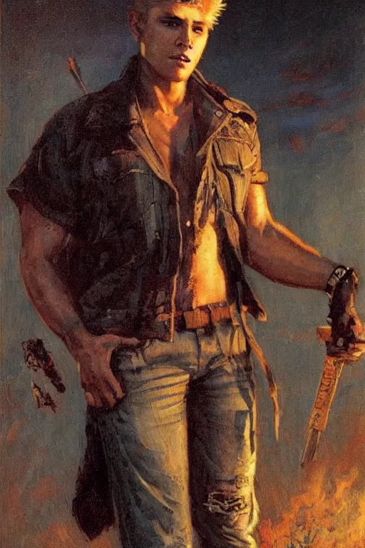 Image similar to a 2 5 year old contract killer named spike. he is a maniac with a stolen cop car. he wears a denim vest. art by gaston bussiere.