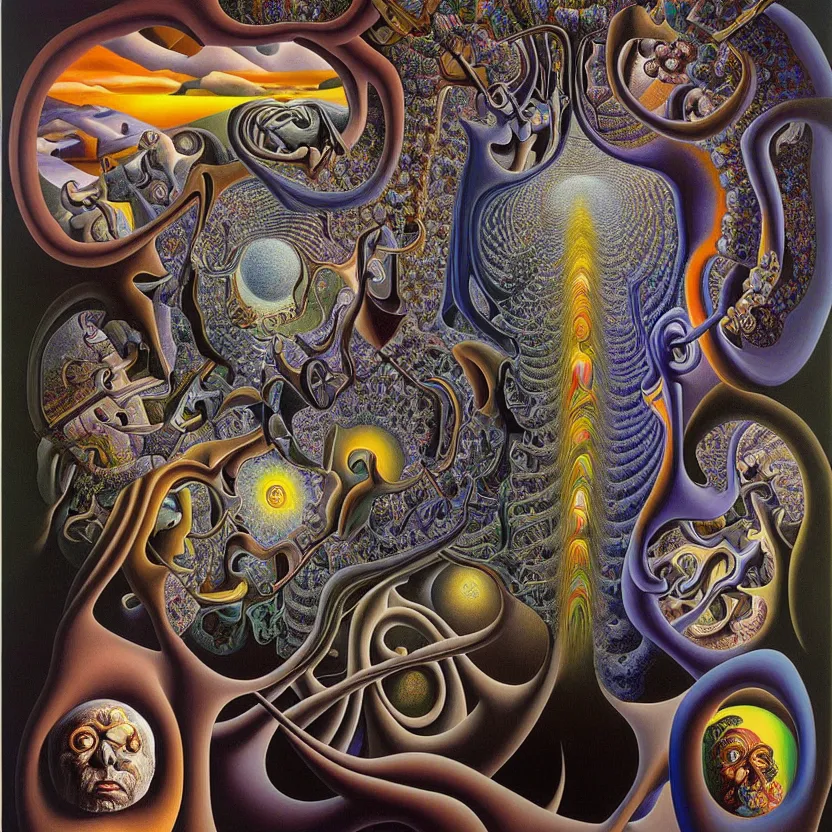 Image similar to infinite fractals of darkness, recursion, surreal, by salvador dali and mc escher and alex grey, oil on canvas, hd, dreams, intricate details, dark, vivid colors