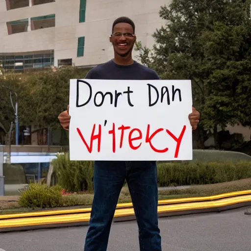 Image similar to marvin from hitchikers guide to the galaxy is holding a sign that spells : don't panic - uhd 8 k - wide - rendering - photorealistic