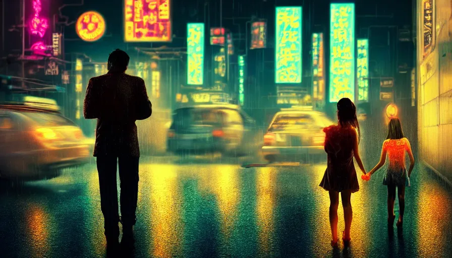 Prompt: photography, highly detailed a doctor with prostheses carries a girl's body in his arms through an empty neon city, cyberpunk, rain, night, cyberpunk futuristic neon, hyperrealism, detailed and intricate environment