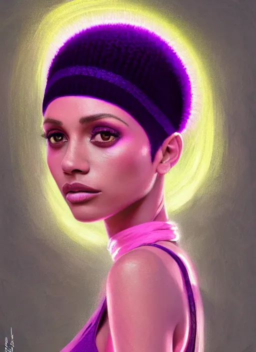 Image similar to portrait of vanessa morgan with bright pink hair, curly pixie cut hair, wearing a purple breton cap, breton cap, hoop earrings, intricate, elegant, glowing lights, highly detailed, digital painting, artstation, concept art, smooth, sharp focus, illustration, art by wlop, mars ravelo and greg rutkowski