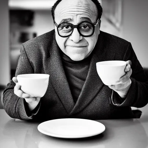 Image similar to danny devito eating soup ( sony a 7 r iv, symmetric balance, polarizing filter, photolab, lightroom, 4 k, dolby vision, photography awardm, voque, perfect face )