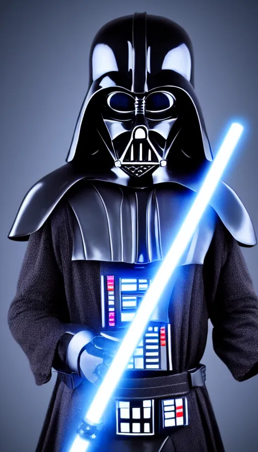 Prompt: A dark blue colored Darth Vader suit, movie accurate, holding a blue lightsaber, realism, 4k, dark background with studio lighting, 3d,