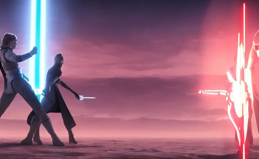 Image similar to iconic wide cinematic screen shot of luke skywalker dueling with a white robed female sith lord, standing with a view of coruscant at sunset, from the thrilling scene from the hbo succession, moody cinematography, foggy pink volumetric lighting, hyper detailed scene, anamorphic lenses 2 4 mm, lens flare, award winning