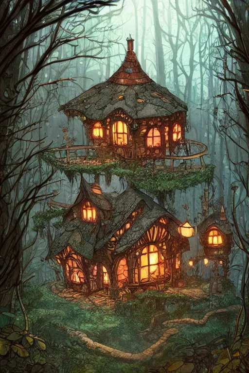 Prompt: a storybook style ramshackle multistory fairytale hut in the forest, intricate, elegant, fantasy, highly detailed, digital painting, concept art, sharp focus, artstation, in style of Laurie Greasley