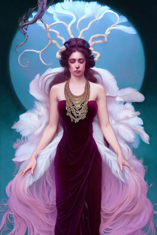 Image similar to ombre velvet gown, beautiful elegant dryad, feathers, beautiful face by leyendecker, long hair, cyan, dozens of jeweled necklaces, by greg rutkowski, brom, anato finnstark, alphonse mucha, oil painting, highly detailed, cinematic lighting, unreal,