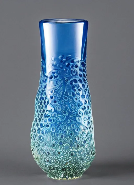 Prompt: Vase in the shape of a mushroom, with blue accents, designed by Rene Lalique