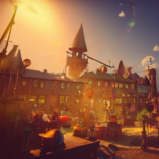 Image similar to photorealistic steampunk city. witchy city. sunset. witches flying on brooms. potion shop. pastel clouds. cauldron. lens flare. 8K. detailed. photorealism. artstation. 25mm f/1.7 ASPH Lens. ultra realistic