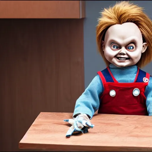 Image similar to chucky the killer doll standing on a work bench table