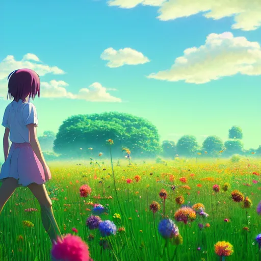 Prompt: a beautiful ultra - detailed panorama of a girl walking through a field of colorful flowers by beeple, studio ghibli, makoto shinkai, wallpaper, highly detailed, trending on artstation, anime