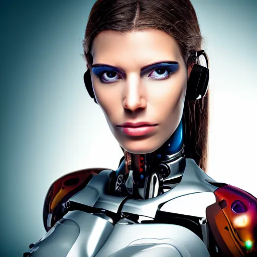 Prompt: portrait photo of a beautiful female cyborg ((from the stone age))