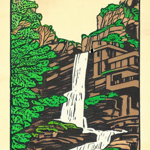 Image similar to master color woodblock print, fallingwater