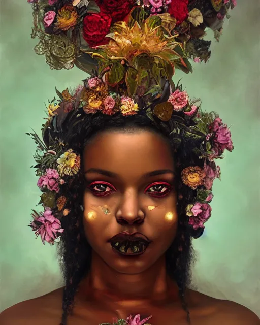 Image similar to portrait of the afro - american queen of the underworld, surrounded by flowers by karol bak, james jean, tom bagshaw, rococo, sharp focus, trending on artstation, cinematic lighting, hyper realism, octane render, 8 k, hyper detailed.