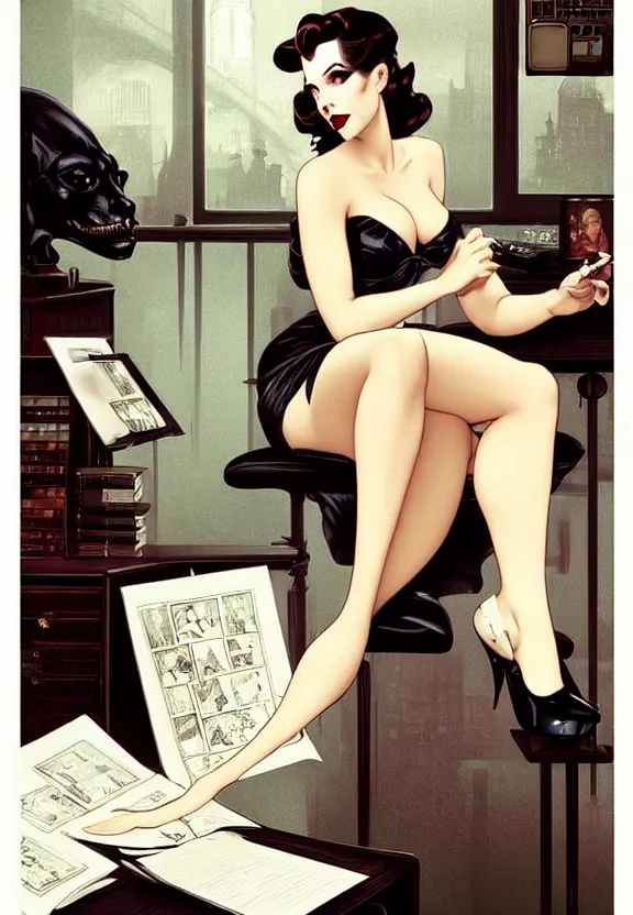 Image similar to A femme fatale sitting at the desk of a small 50’s style private detective’s office, fantasy magic, dark pin-up style hair, dark light night, intricate, elegant, sharp focus, illustration, highly detailed, digital painting, concept art, matte, art by WLOP and Artgerm and Greg Rutkowski and Alphonse Mucha, masterpiece