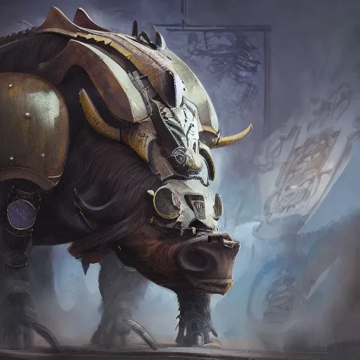 Image similar to portrait concept painting of a rampaging ashigaru mecha boar, warthog. fantasy painting, dungeons and dragons, magic the gathering art, of bamboo, laquer and steel, steampunk - inspired by brian froud and greg rutkowski and jessica rossier