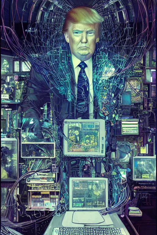 Image similar to hyperrealist cyberpunk portrait of donald j trump, it is decorated with long computer wires and computer monitors in the cyberpunk office background. by jeremy mann and alphonse mucha, fantasy art, photo realistic, dynamic lighting, artstation, poster, volumetric lighting, very detailed faces, 4 k, award winning