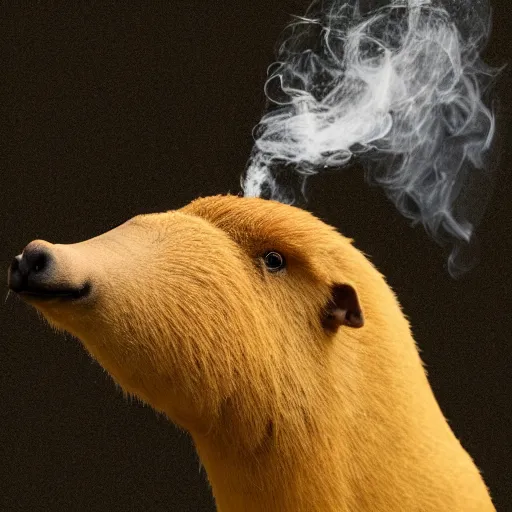 Image similar to a high detail photo of an antropomorphic capybara wearing a suit smoking a cigarrette, subject= duck, subject detail: wearing a suit, subject action: smoking a cigarrette photorealism