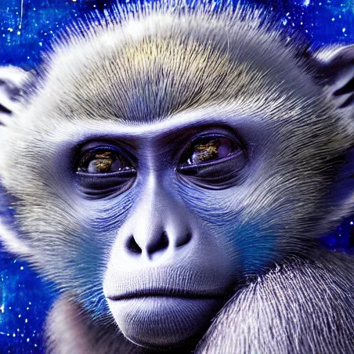 Image similar to blue monkey lying on his back looking up at the stars, oil on canvas, intricate, 8 k highly professionally detailed, hdr, cgsociety