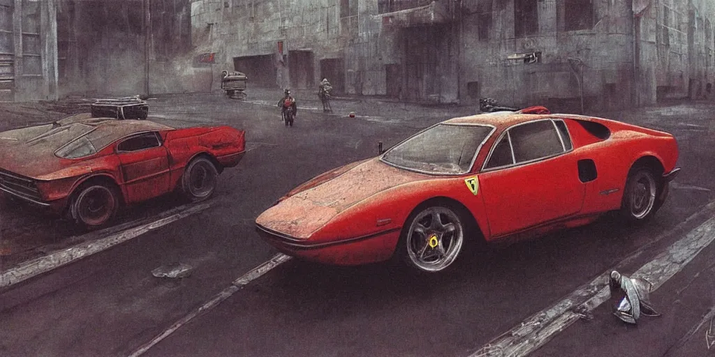 Prompt: ferrari in full speed in a empty street, mad max, kieth thomsen, zdzislaw beksinski