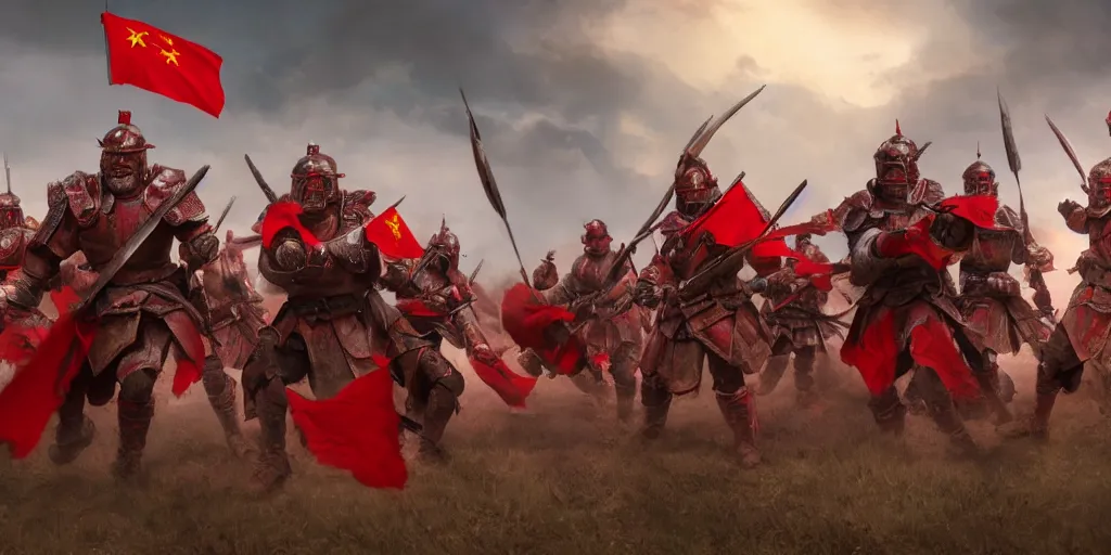 Image similar to mid shot cinematic artwork of a small group of rag tag warriors surrounded by an ancient Chinese army wearing red armor and holding red flags on the battlefield by greg rutowski, masterpiece, 4k