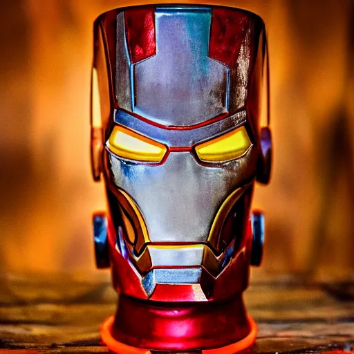 Image similar to a closeup photorealistic photograph of an iron man style tiki mug at a trader vic's beach bar featuring the face of iron man. tiki party. bright scene. fine detail. this 4 k hd image is trending on artstation, featured on behance, well - rendered, extra crisp, features intricate detail, epic composition and the style of unreal engine.