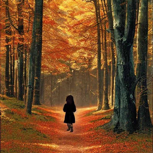 Prompt: lone girl dressed in bear skin, walks in autumn forest, by Kentaro Miura