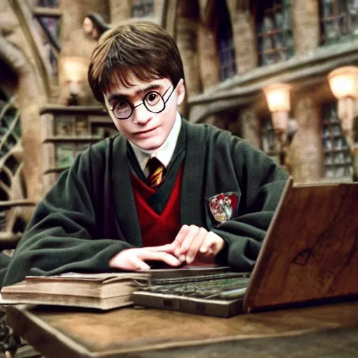 Image similar to Photo of Harry Potter using a computer in Hogwarts