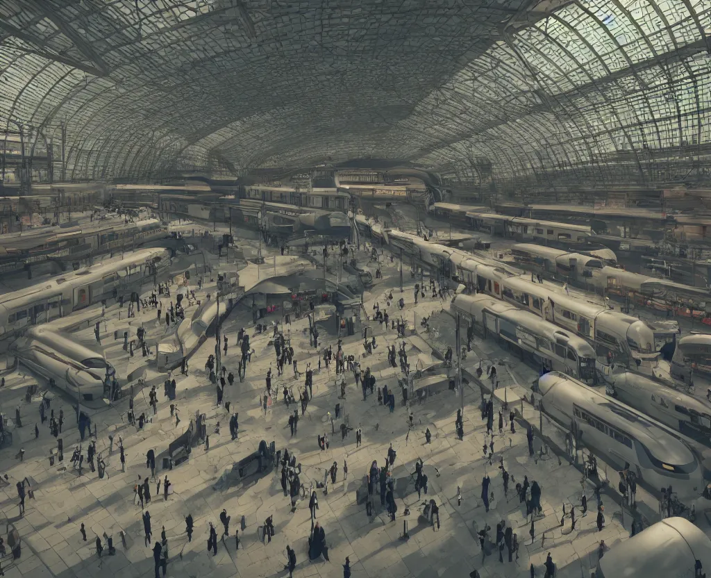 Prompt: french train station, interior, floating trains, floating people, floating objects, cinematic, surreal, octane render, cinematography