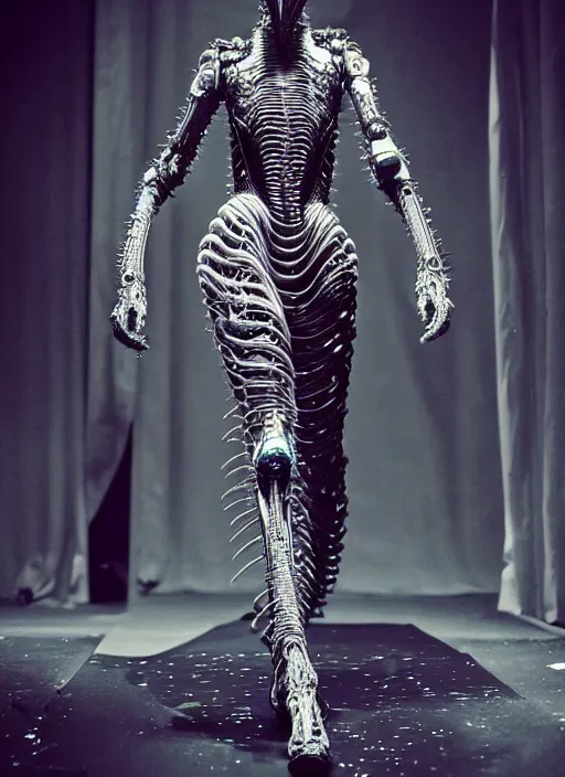 Image similar to walking down the catwalk, stage, vogue photo, podium, fashion show photo, historical baroque dress dark, iris van herpen, masterpiece, intricate, biopunk, vogue, full body shot, alien, plant predator, guyver, giger, wires, tubes, veins, jellyfish, white biomechanical details, wearing epic bionic cyborg implants, highly detailed