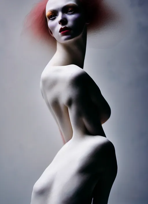 Image similar to cinestill 5 0 d photo portrait of a beautiful hybrid woman in style of tim walker by roberto ferri, weird marble body intricate detailed, hair is intricate style, 5 0 mm lens, f 1. 4, sharp focus, ethereal, emotionally evoking, head in focus, bokeh volumetric lighting, tonal colors outdoor