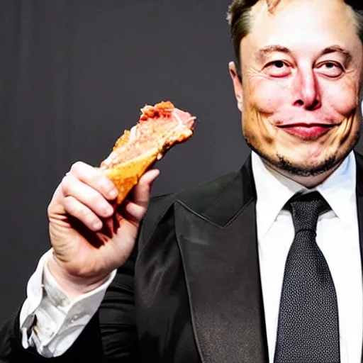 Image similar to elon musk holding a piece of meat, offering it to you