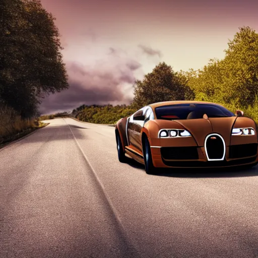 Prompt: super realistic supercar brown bugatti on a road, 4k, 8k, hdr, full hd, high quality textures, high quality shadows, high quality lightning, intense world lightning, HDR, global illumination, post processed, hyperrealistic, photorealistic, photo realistic, realistic, detailed sky