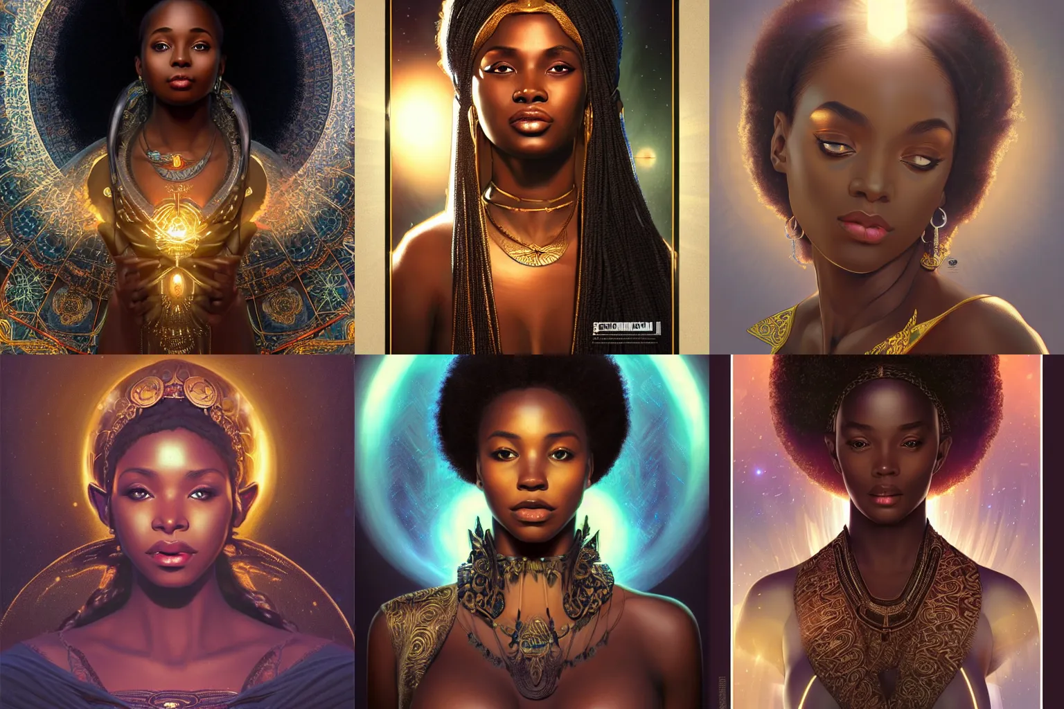 Prompt: black african princess, warm volumetric lighting, cosmic, symmetric, highly detailed, elegant, concept art, heavenly, god rays, intricate, sharp focus, illustration, alexandros pyromallis, bouguereau, rutkowski, artgerm, alphonse mucha, trending on artstation