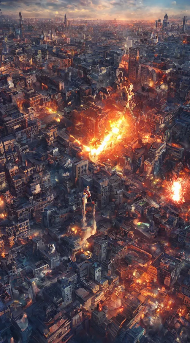 Image similar to hyperrealistic giant toy tin soldier destroying city, stunning, realistic, highly detailed attributes and atmosphere, dim volumetric cinematic lighting, 8 k octane extremely hyper - detailed render, post - processing, masterpiece, sky, art deco buildings, windows, cars, explosion, street view