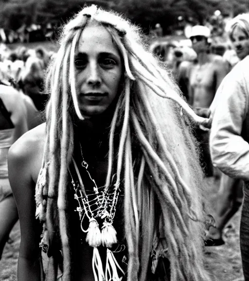 Prompt: portrait of a stunningly beautiful hippie woman with blonde dreadlocks walking in a music festival, by bruce davidson