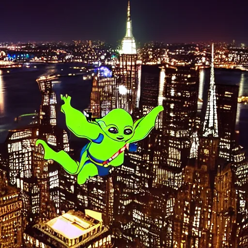 Image similar to baby yoda skydiving onto new York city at night