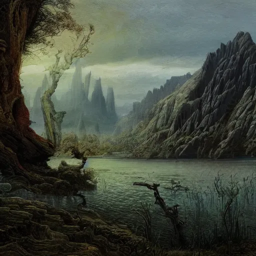 Prompt: an ethereal intricate and fantastically horrifying hyperdetailed painting of a lake by darrell bush, zaria forman, maxim grunin, carina francioso, jan van goyen, and caspar david friedrich 8 k resolution