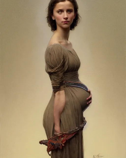 Image similar to a portrait painting of a shy, blushing alicia vikander or millie bobby brown, very pregnant, intricate, elegant, highly detailed, artstation, concept art, by krenz cushart and donato giancola and william adolph bouguereau and alphonse mucha
