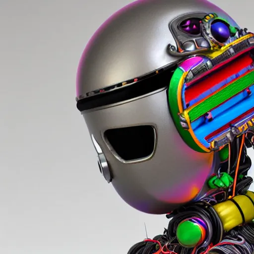 Image similar to a claymodel of a dieselpunk rococo spaced out robot head wearing multicolored wires and headphone, 8 k, front view, symetrical, flourescent colors, halluzinogenic, multicolored, exaggerated detailed, front shot, 3 d render, octane