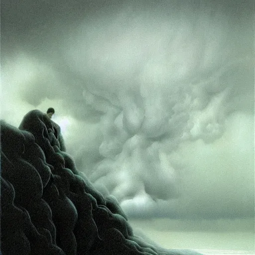 Image similar to killua zoldyck made by zdzisław beksinski, thunderstorm, 8 k, detailed, cinematic, rain, crying, black