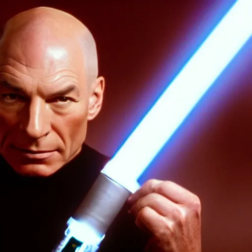 Prompt: captain jean luc picard wielding a lightsaber