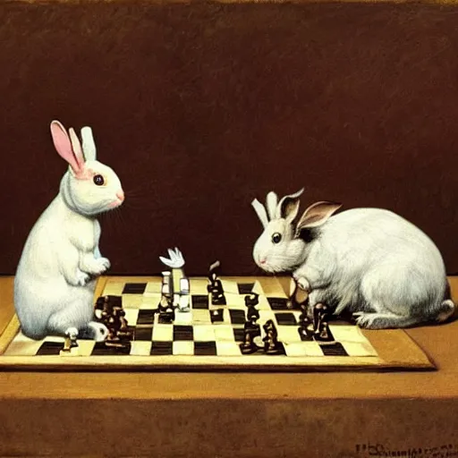 Prompt: a rabbit and a guinea pig playing chess, in the style of ilya repin