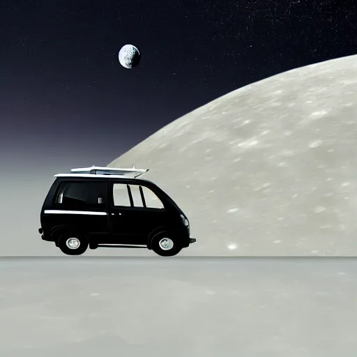 Prompt: a dark auto rickshaw traveling on the surface of the moon, moon craters, night sky, milky way, hard lighting, matte painting, concept art, 4k